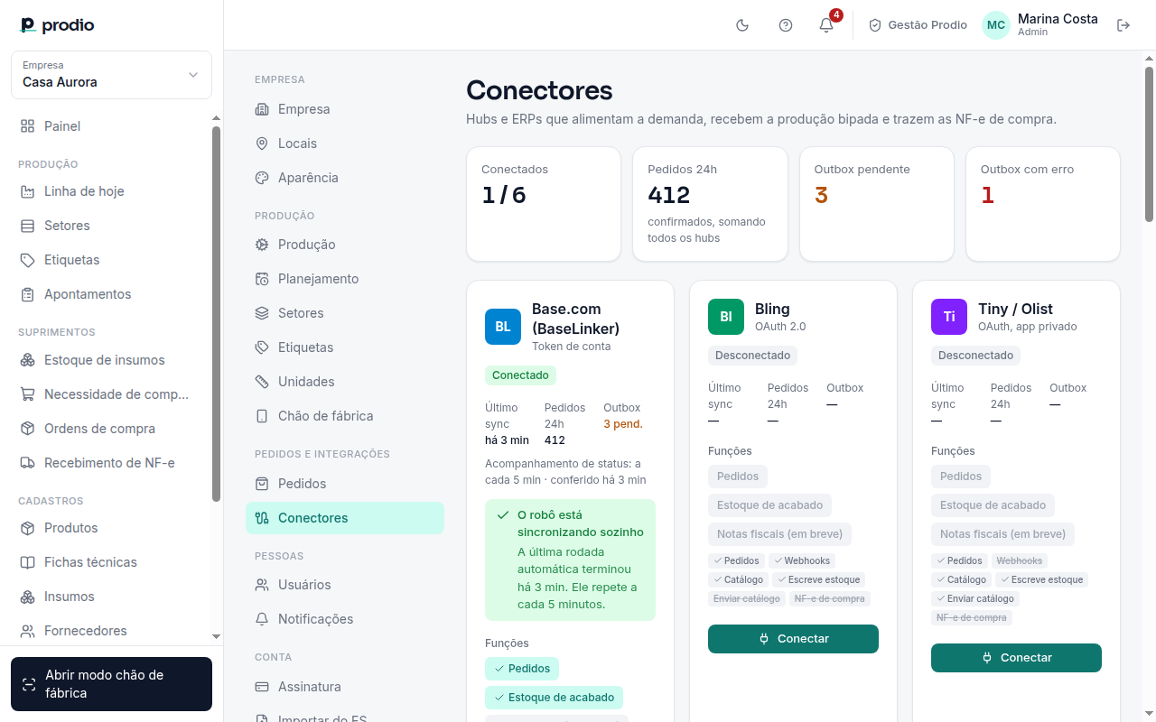 Tela de Conectores com os cartões de cada integração