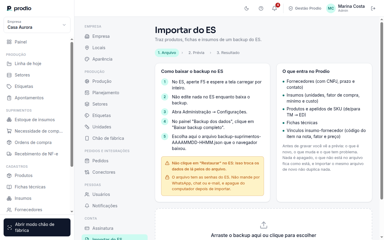 Configurações › Importar do ES