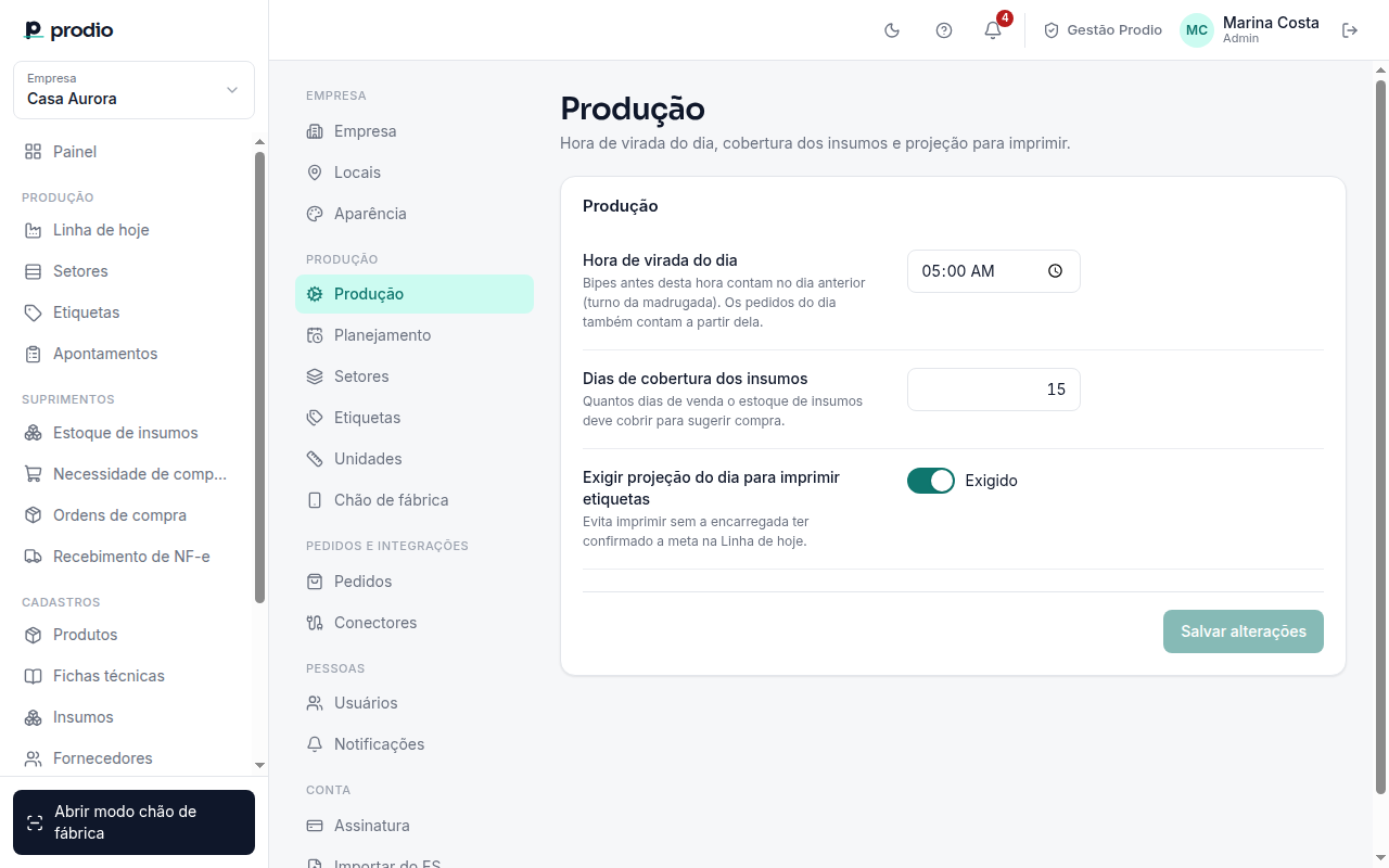 Configurações › Produção