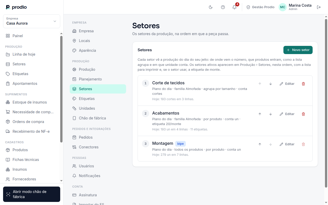 Configurações › Setores