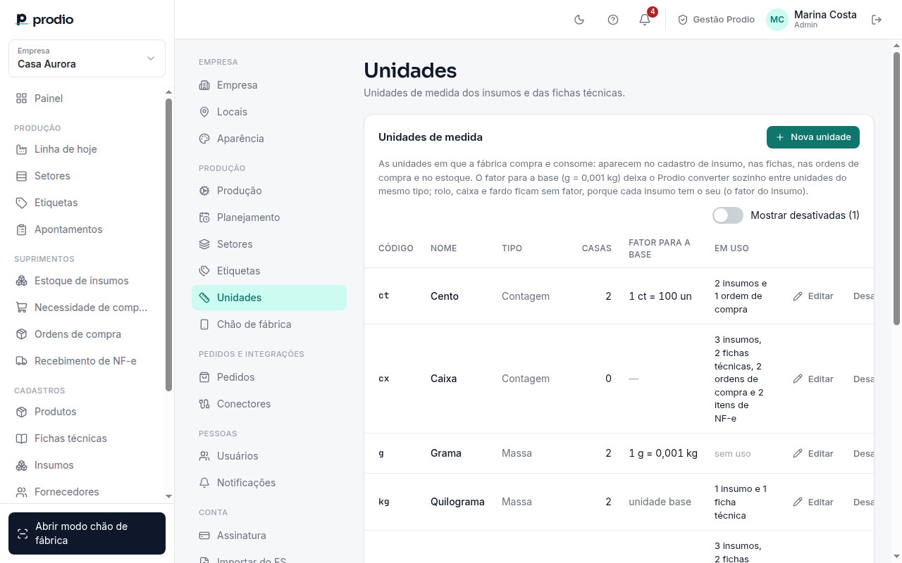 Configurações › Unidades