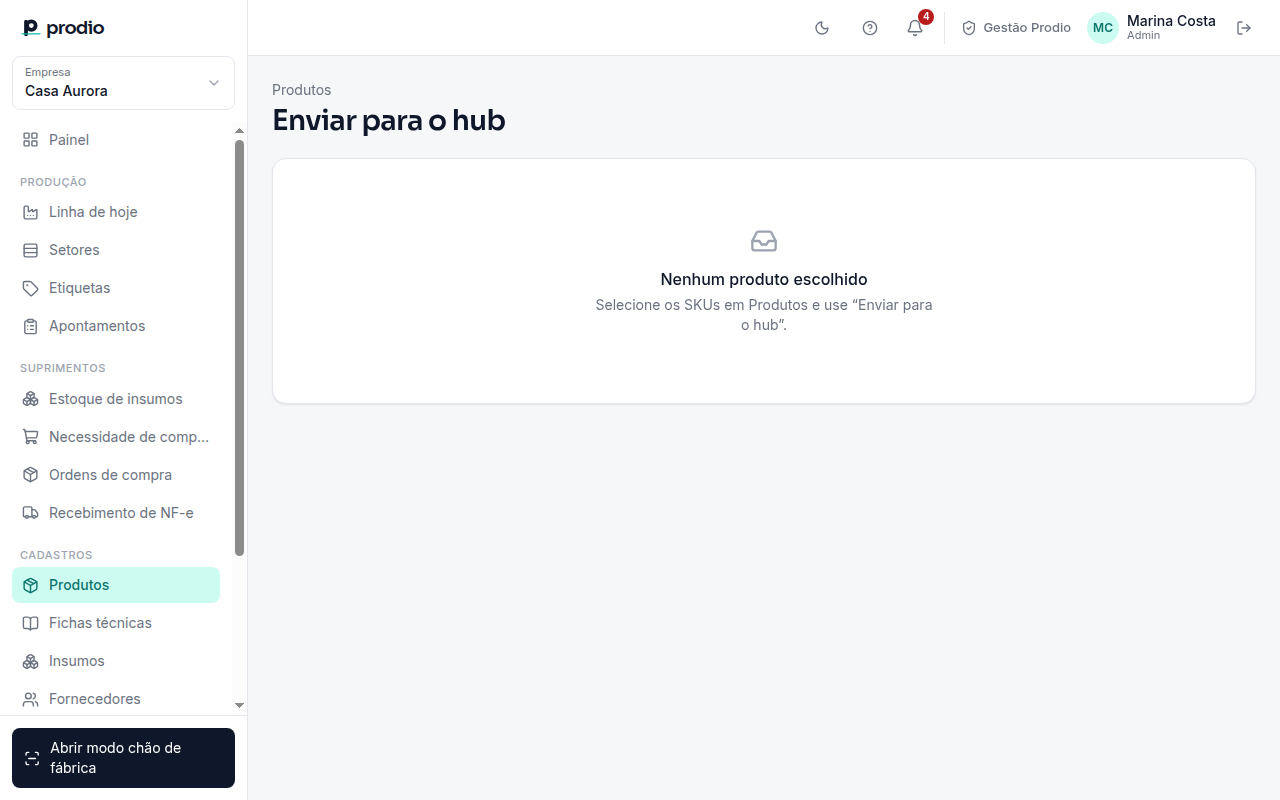 Tela de envio de produtos para o hub