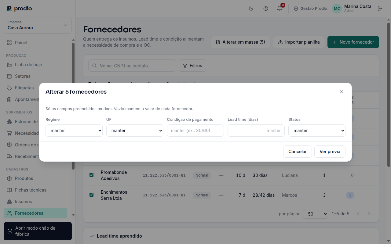 Janela de alteração em massa de fornecedores