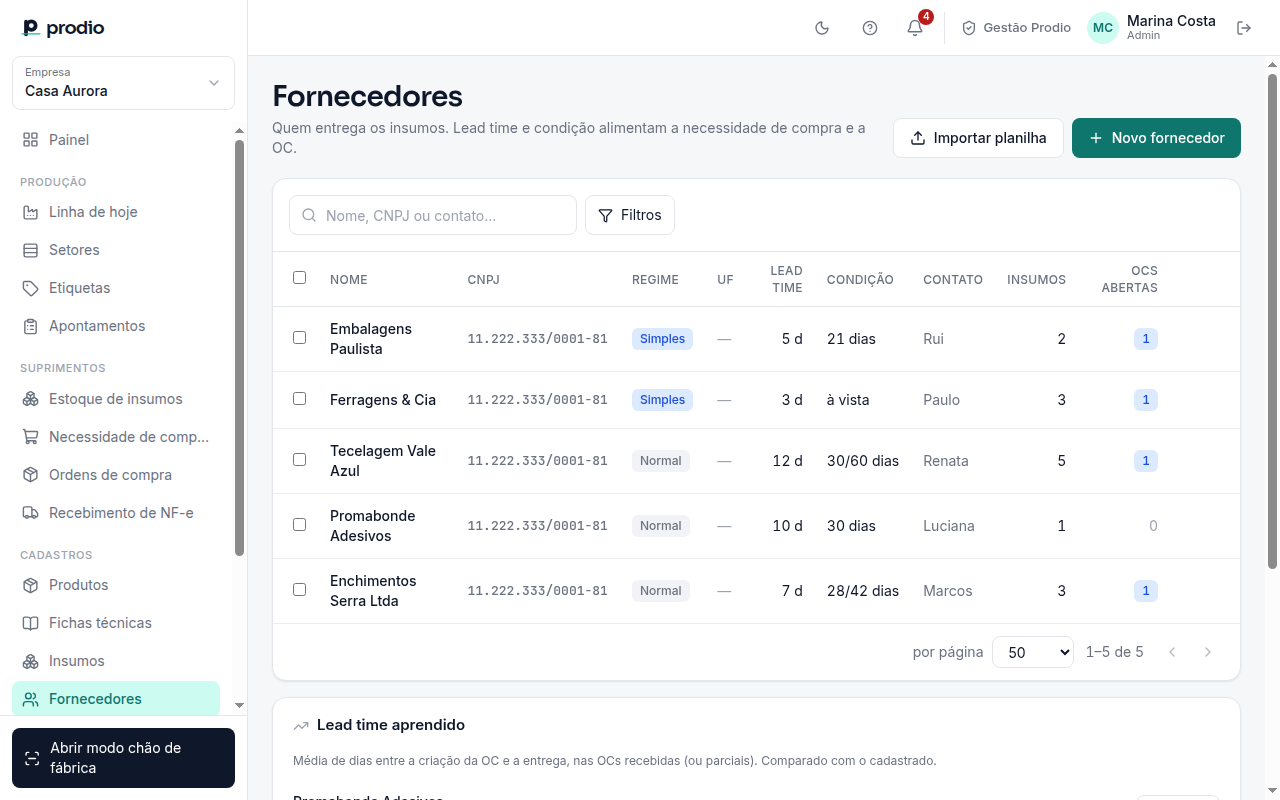 Lista de Fornecedores