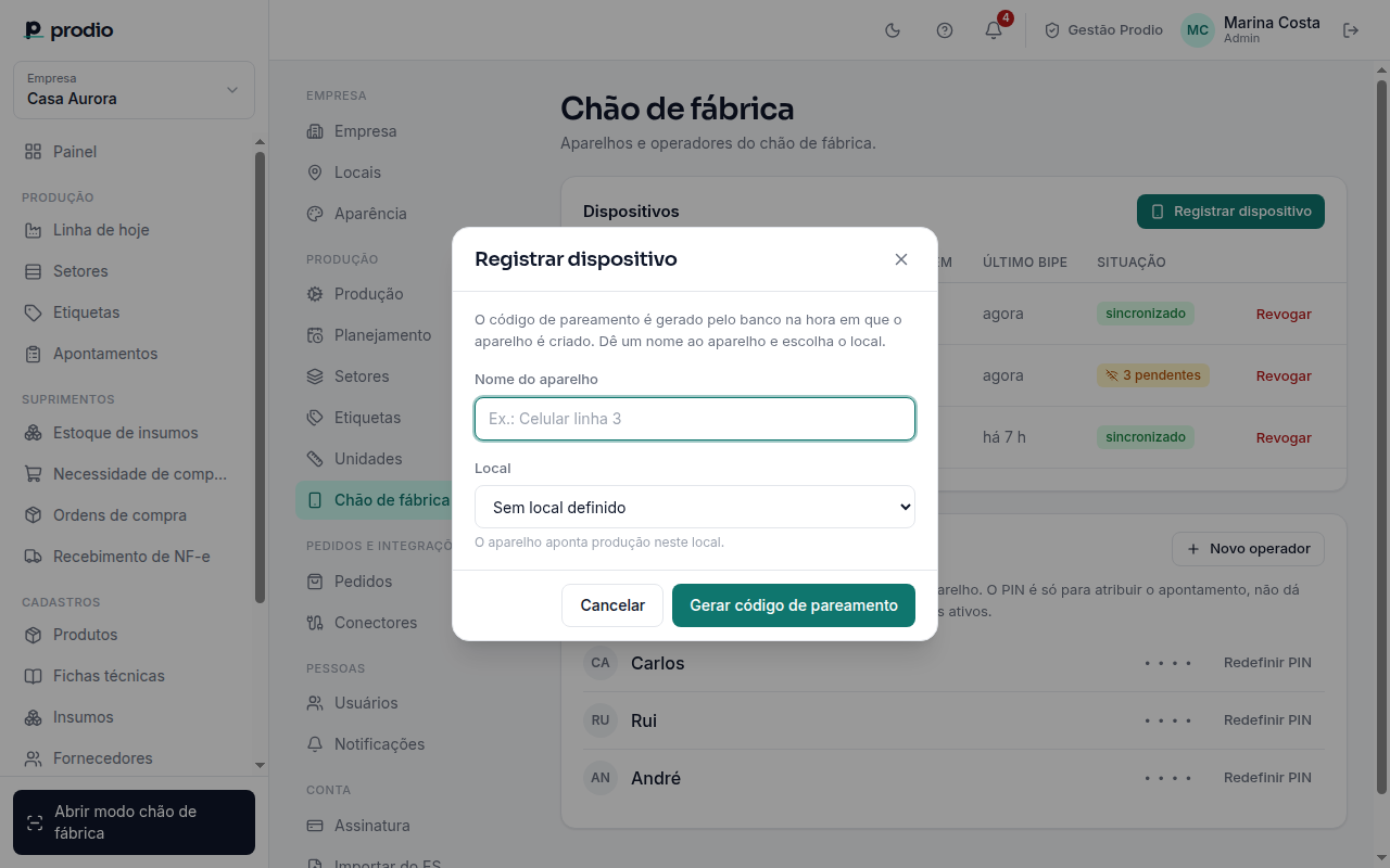 Janela Registrar dispositivo